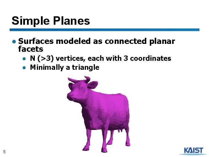 Simple Planes ● Surfaces modeled as connected planar facets ● N (>3) vertices, each