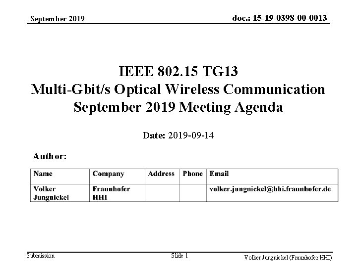 doc. : 15 -19 -0398 -00 -0013 September 2019 IEEE 802. 15 TG 13