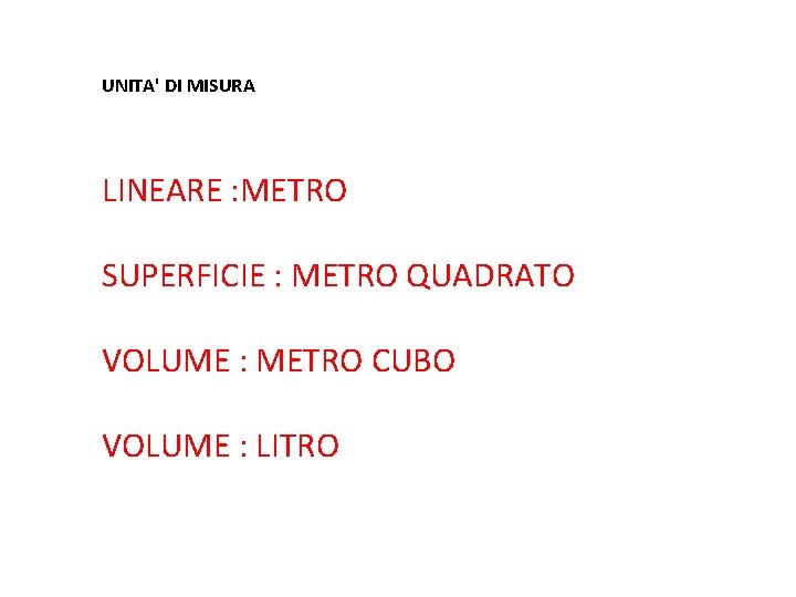 UNITA' DI MISURA LINEARE : METRO SUPERFICIE : METRO QUADRATO VOLUME : METRO CUBO
