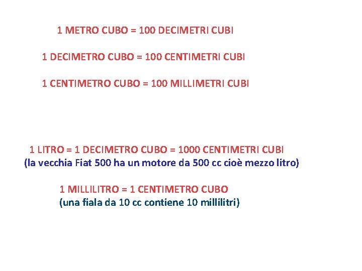 1 METRO CUBO = 100 DECIMETRI CUBI 1 DECIMETRO CUBO = 100 CENTIMETRI CUBI