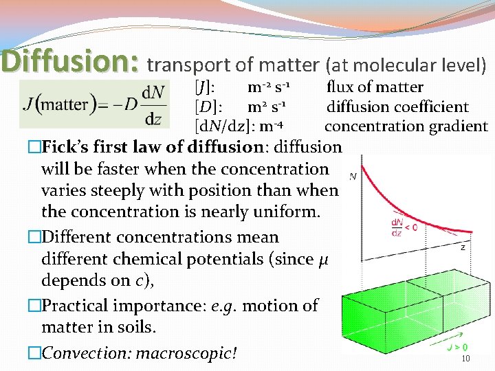 Diffusion: transport of matter (at molecular level) [J]: m-2 s-1 [D]: m 2 s-1