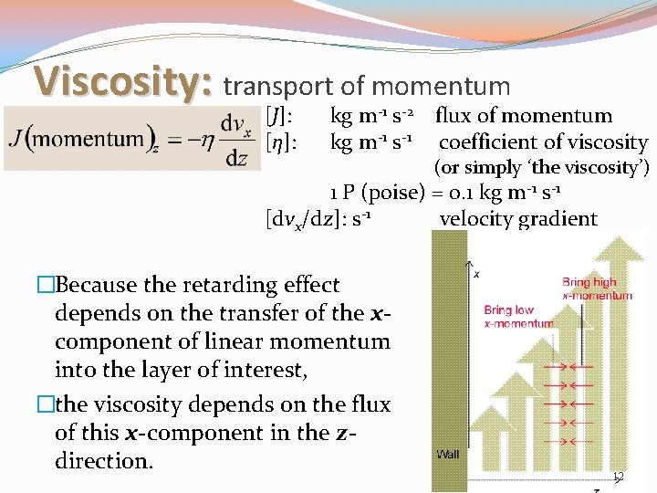 Viscosity: transport of momentum [J]: [η]: kg m-1 s-2 kg m-1 s-1 flux of