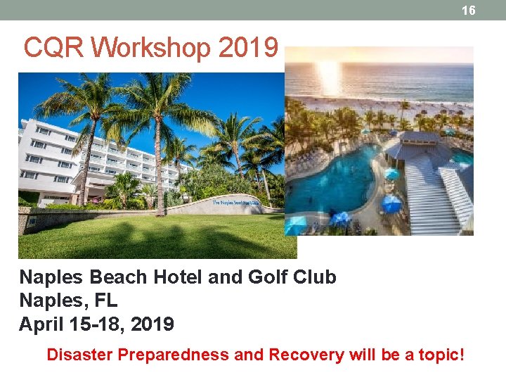 16 CQR Workshop 2019 Naples Beach Hotel and Golf Club Naples, FL April 15