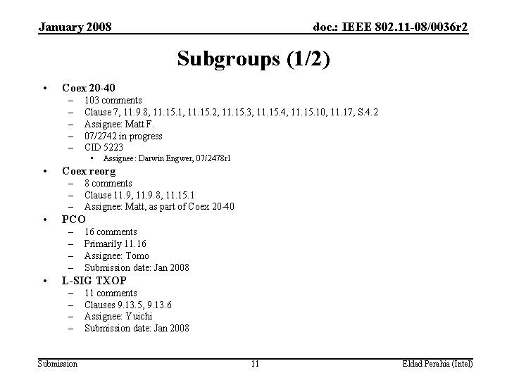 January 2008 doc. : IEEE 802. 11 -08/0036 r 2 Subgroups (1/2) • Coex