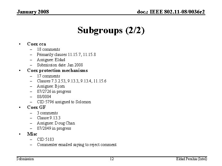 January 2008 doc. : IEEE 802. 11 -08/0036 r 2 Subgroups (2/2) • Coex