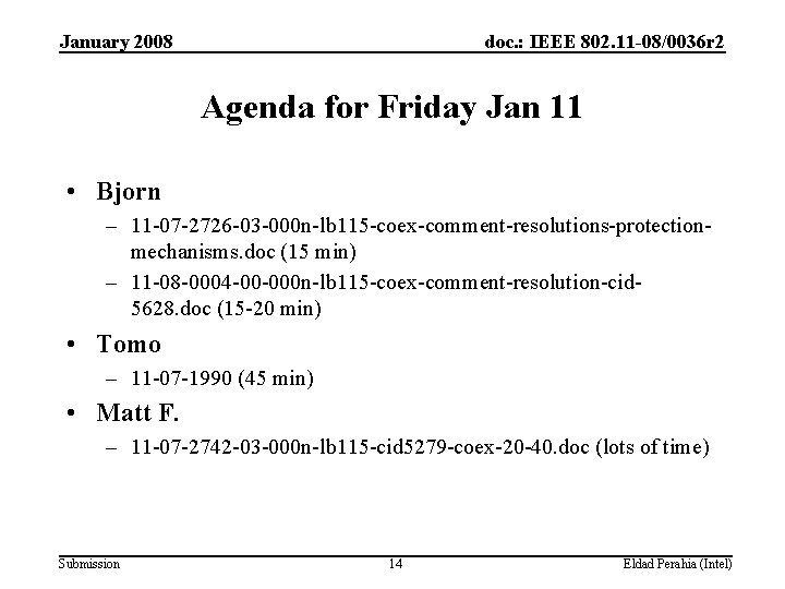 January 2008 doc. : IEEE 802. 11 -08/0036 r 2 Agenda for Friday Jan