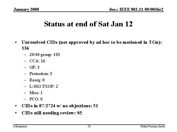January 2008 doc. : IEEE 802. 11 -08/0036 r 2 Status at end of