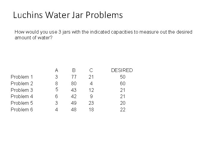 Luchins Water Jar Problems How would you use 3 jars with the indicated capacities
