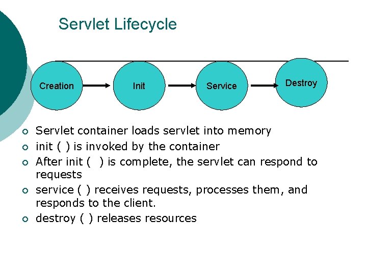 Servlet Lifecycle Creation ¡ ¡ ¡ Init Service Destroy Servlet container loads servlet into
