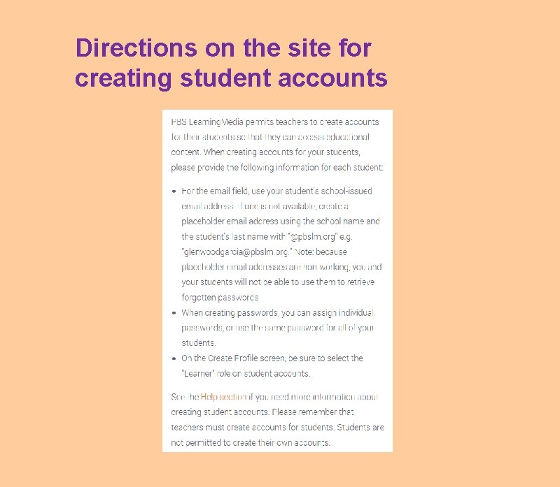 Directions on the site for creating student accounts 