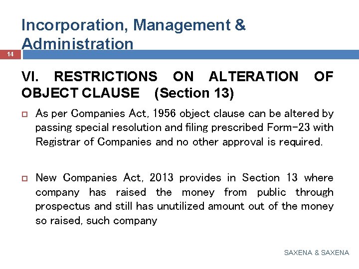 14 Incorporation, Management & Administration VI. RESTRICTIONS ON ALTERATION OBJECT CLAUSE (Section 13) OF