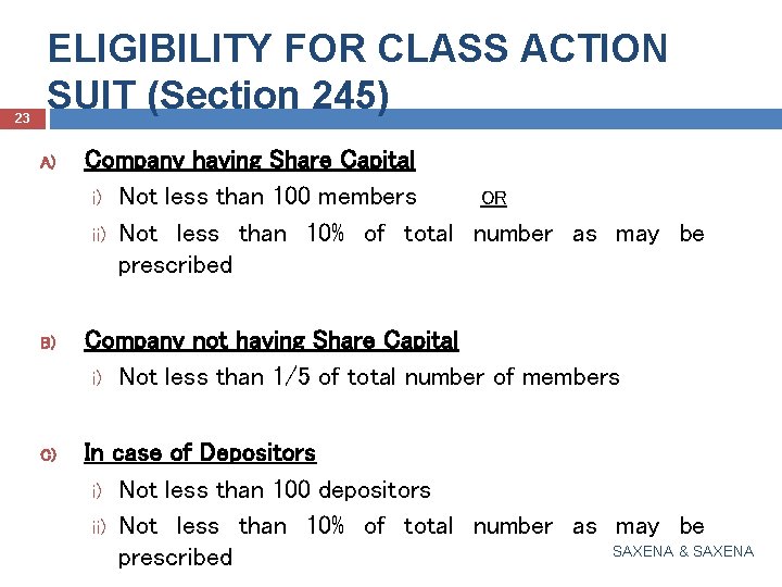 23 ELIGIBILITY FOR CLASS ACTION SUIT (Section 245) A) B) C) Company having Share