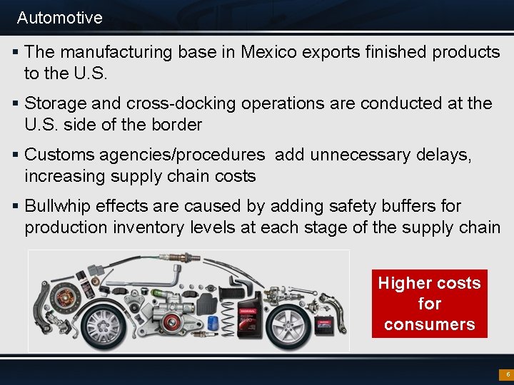 Automotive § The manufacturing base in Mexico exports finished products to the U. S.