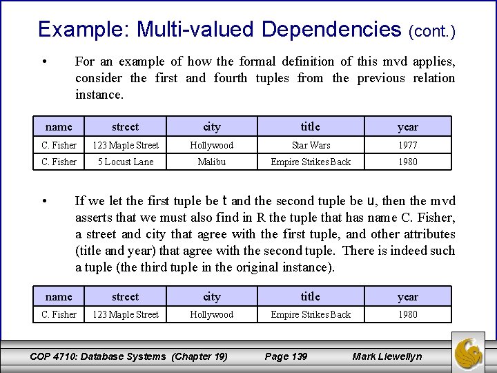 Example: Multi-valued Dependencies (cont. ) • For an example of how the formal definition