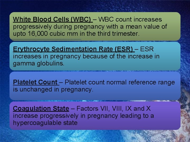White Blood Cells (WBC) – WBC count increases progressively during pregnancy with a mean