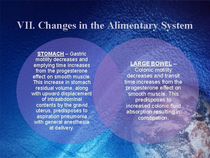 VII. Changes in the Alimentary System STOMACH – Gastric motility decreases and emptying time