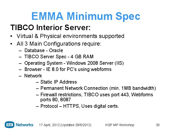 EMMA Minimum Spec TIBCO Interior Server: • Virtual & Physical environments supported • All