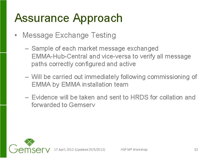 Assurance Approach • Message Exchange Testing – Sample of each market message exchanged EMMA-Hub-Central