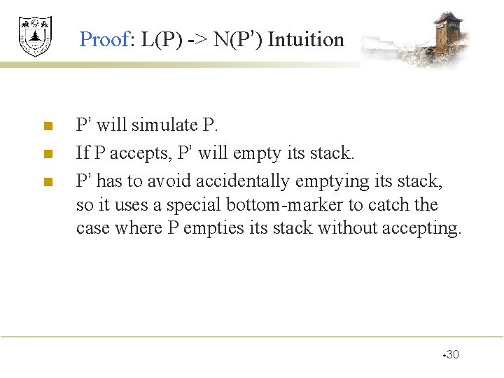 Proof: L(P) -> N(P’) Intuition n P’ will simulate P. If P accepts, P’