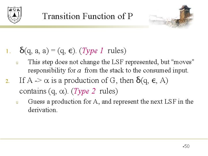 Transition Function of P δ(q, a, a) = (q, ε). (Type 1 rules) 1.