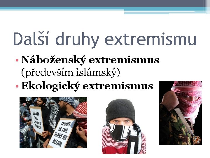 Další druhy extremismu • Náboženský extremismus (především islámský) • Ekologický extremismus 