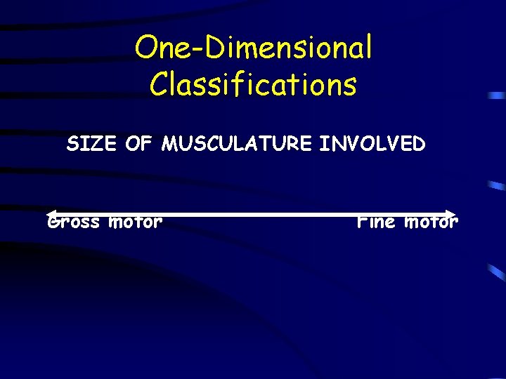 One-Dimensional Classifications SIZE OF MUSCULATURE INVOLVED Gross motor Fine motor 