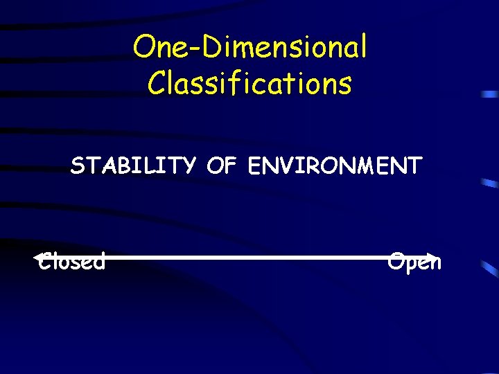 One-Dimensional Classifications STABILITY OF ENVIRONMENT Closed Open 