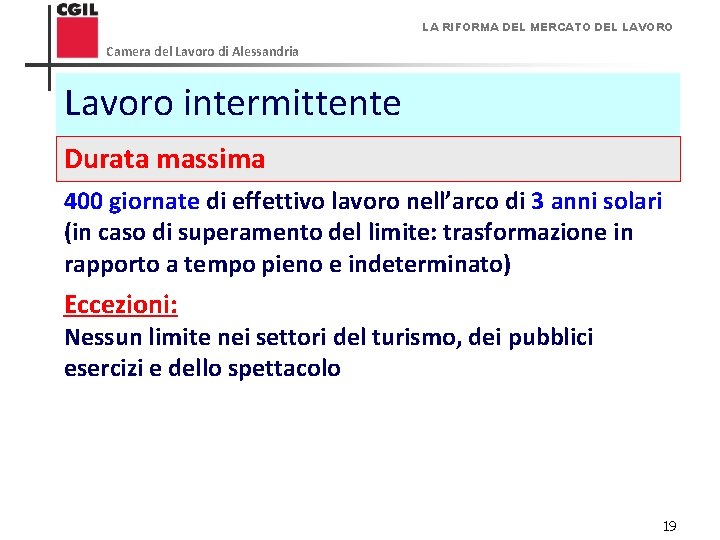 LA RIFORMA DEL MERCATO DEL LAVORO Camera del Lavoro di Alessandria Lavoro intermittente Durata