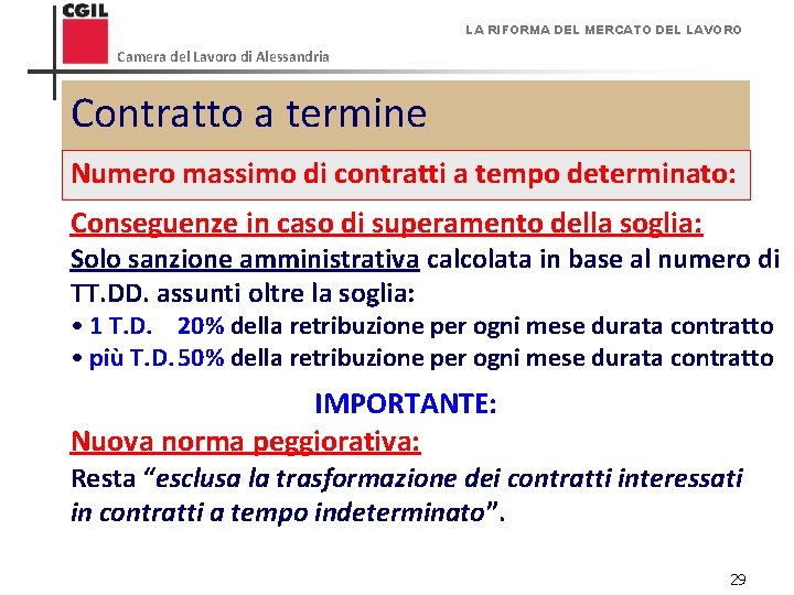 LA RIFORMA DEL MERCATO DEL LAVORO Camera del Lavoro di Alessandria Contratto a termine