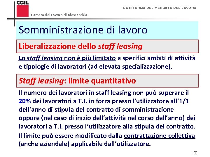 LA RIFORMA DEL MERCATO DEL LAVORO Camera del Lavoro di Alessandria Somministrazione di lavoro