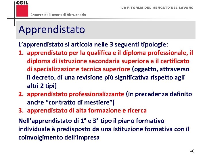 LA RIFORMA DEL MERCATO DEL LAVORO Camera del Lavoro di Alessandria Apprendistato L’apprendistato si