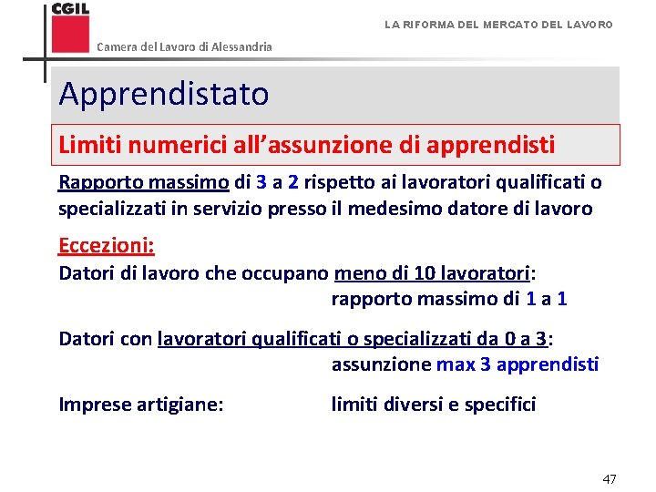 LA RIFORMA DEL MERCATO DEL LAVORO Camera del Lavoro di Alessandria Apprendistato - Limiti