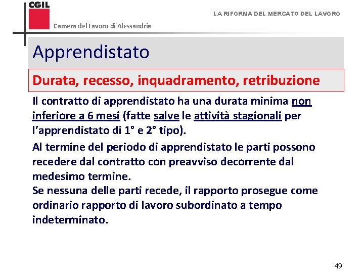 LA RIFORMA DEL MERCATO DEL LAVORO Camera del Lavoro di Alessandria Apprendistato - Durata,