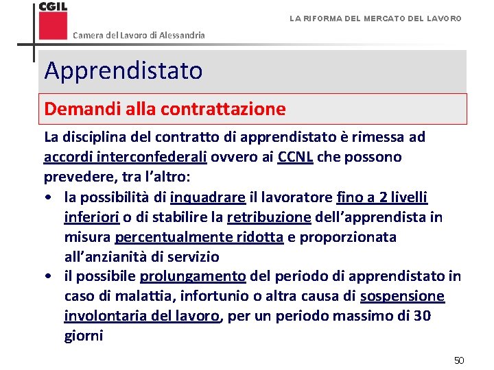 LA RIFORMA DEL MERCATO DEL LAVORO Camera del Lavoro di Alessandria Apprendistato - Demandi