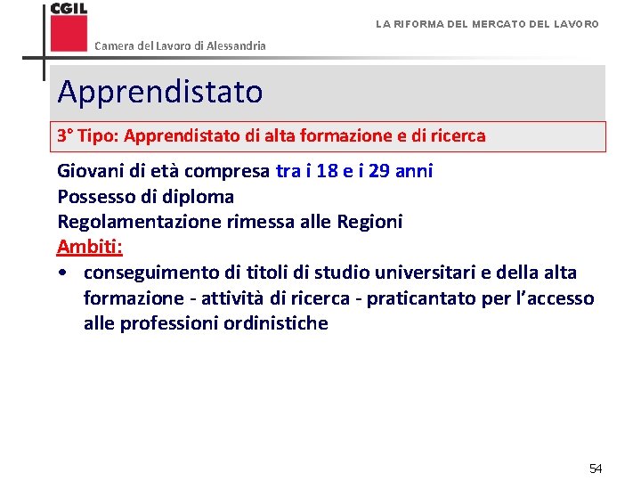 LA RIFORMA DEL MERCATO DEL LAVORO Camera del Lavoro di Alessandria Apprendistato - 3°
