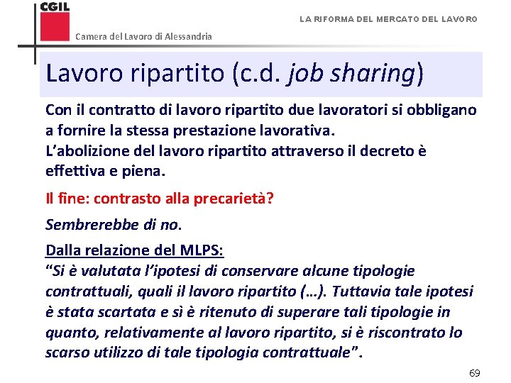 LA RIFORMA DEL MERCATO DEL LAVORO Camera del Lavoro di Alessandria Lavoro ripartito (c.