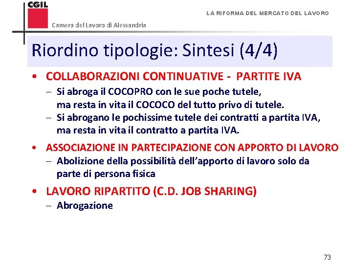 LA RIFORMA DEL MERCATO DEL LAVORO Camera del Lavoro di Alessandria Riordino tipologie: Sintesi