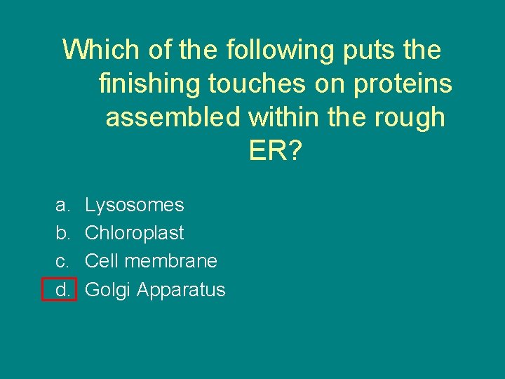 Which of the following puts the finishing touches on proteins assembled within the rough