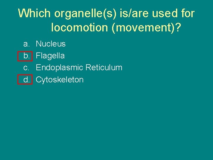 Which organelle(s) is/are used for locomotion (movement)? a. b. c. d. Nucleus Flagella Endoplasmic