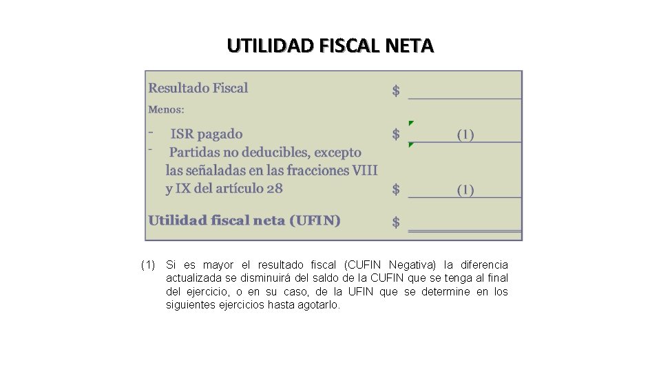 UTILIDAD FISCAL NETA (1) Si es mayor el resultado fiscal (CUFIN Negativa) la diferencia