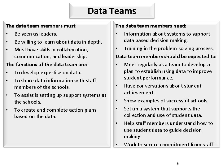 Data Teams The data team members must: • Be seen as leaders. • Be