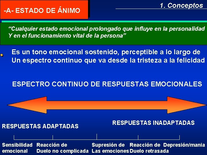 -A- ESTADO DE ÁNIMO 1. Conceptos “Cualquier estado emocional prolongado que influye en la