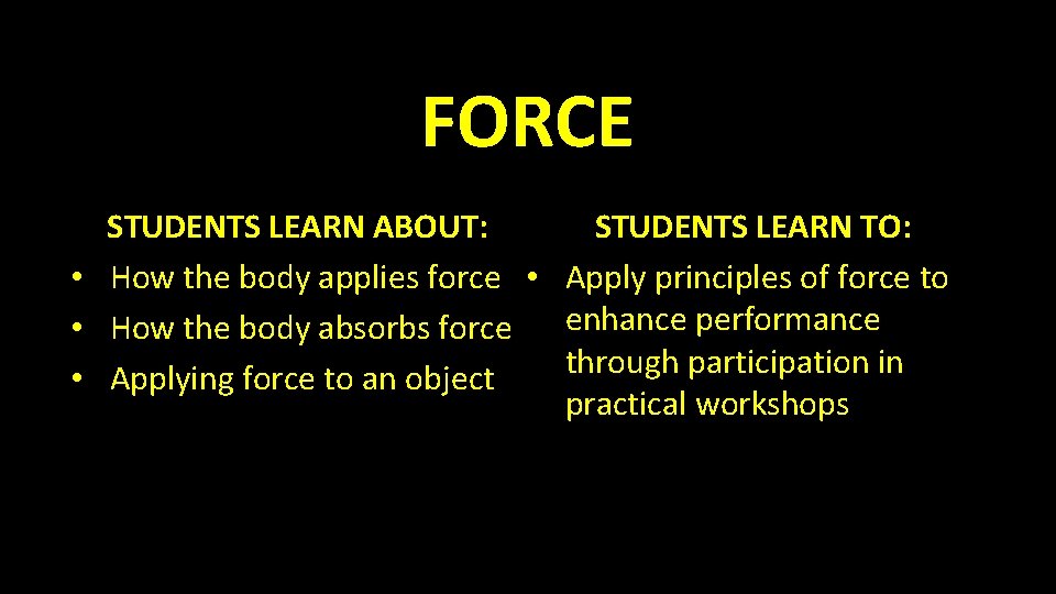 FORCE STUDENTS LEARN TO: STUDENTS LEARN ABOUT: • How the body applies force •