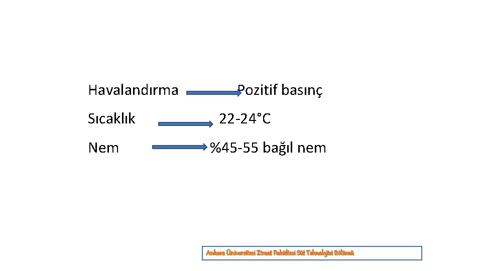 Havalandırma Sıcaklık Nem Pozitif basınç 22 -24°C %45 -55 bağıl nem Ankara Üniversitesi Ziraat
