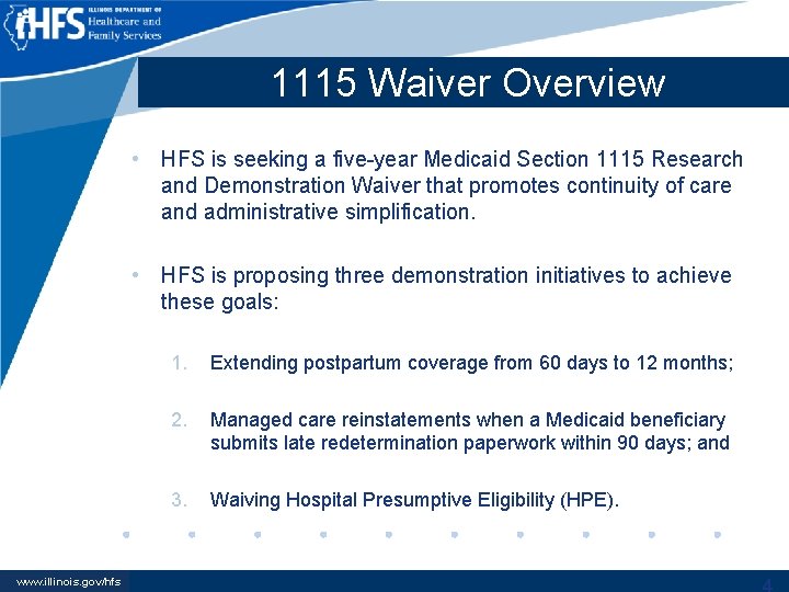 1115 Waiver Overview • HFS is seeking a five-year Medicaid Section 1115 Research and