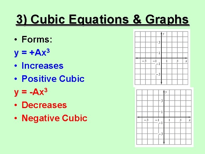 3) Cubic Equations & Graphs • Forms: y = +Ax 3 • Increases •