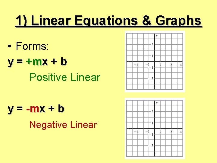 1) Linear Equations & Graphs • Forms: y = +mx + b Positive Linear