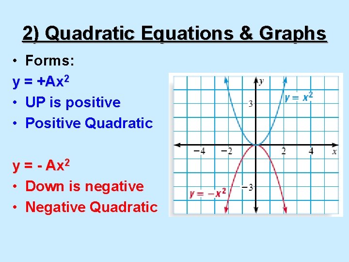 2) Quadratic Equations & Graphs • Forms: y = +Ax 2 • UP is