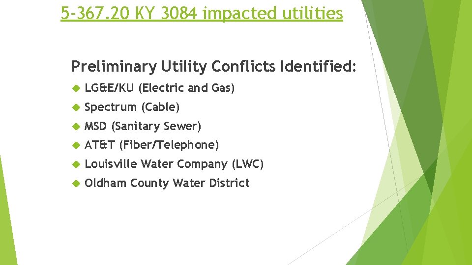 5 -367. 20 KY 3084 impacted utilities Preliminary Utility Conflicts Identified: LG&E/KU (Electric and