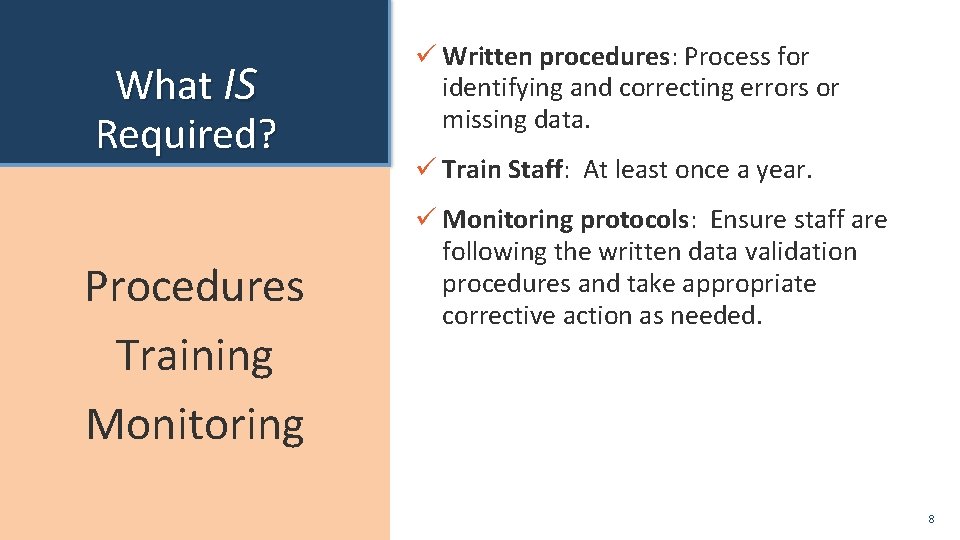 What IS Required? Procedures Training Monitoring ü Written procedures: Process for identifying and correcting